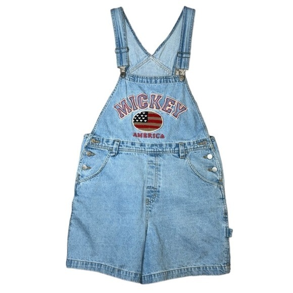 RARE EUC Vintage 90’s Disney Americana Mickey Mouse Flag Denim Jumper Medium - Picture 2 of 9